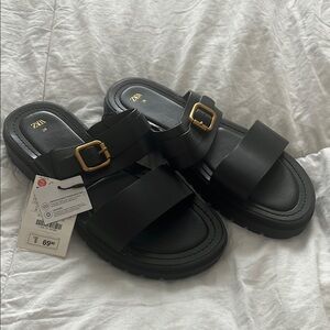 Zara Black Sandals with Gold Buckle